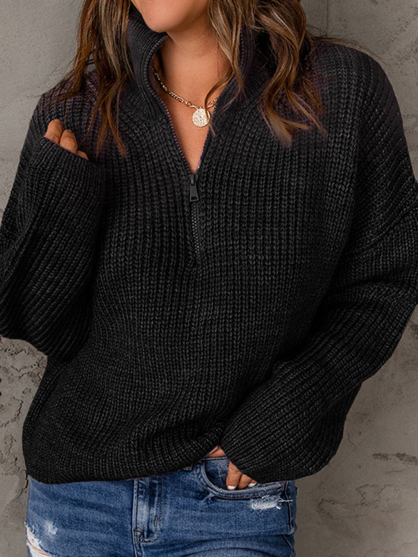 Pull ample à manches longues et col roulé pour femme, fermeture éclair