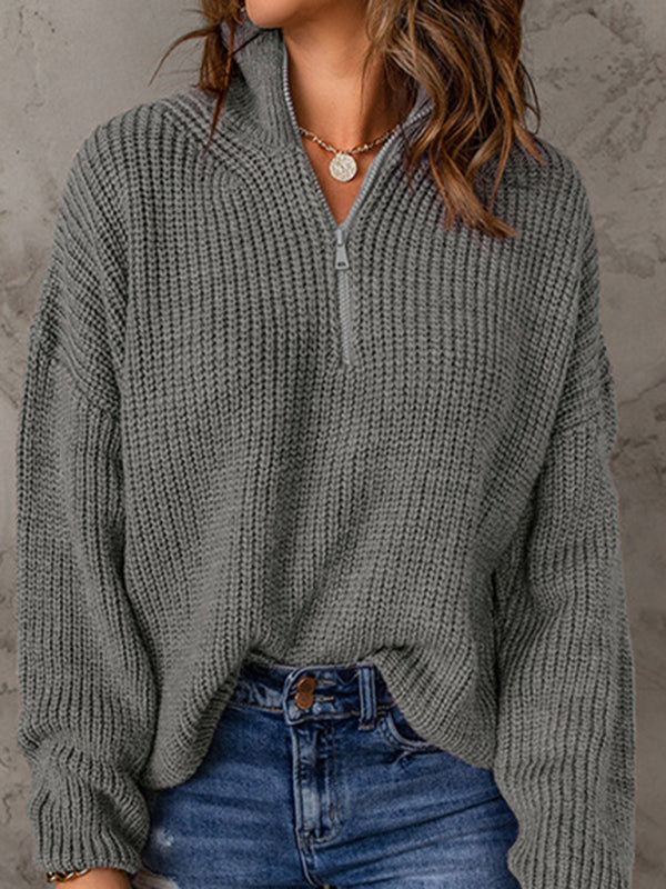Pull ample à manches longues et col roulé pour femme, fermeture éclair