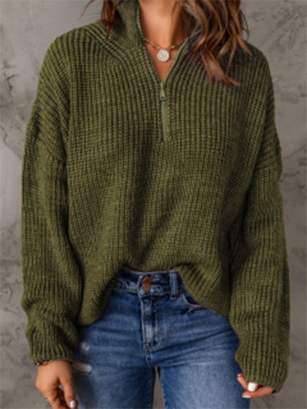 Pull ample à manches longues et col roulé pour femme, fermeture éclair