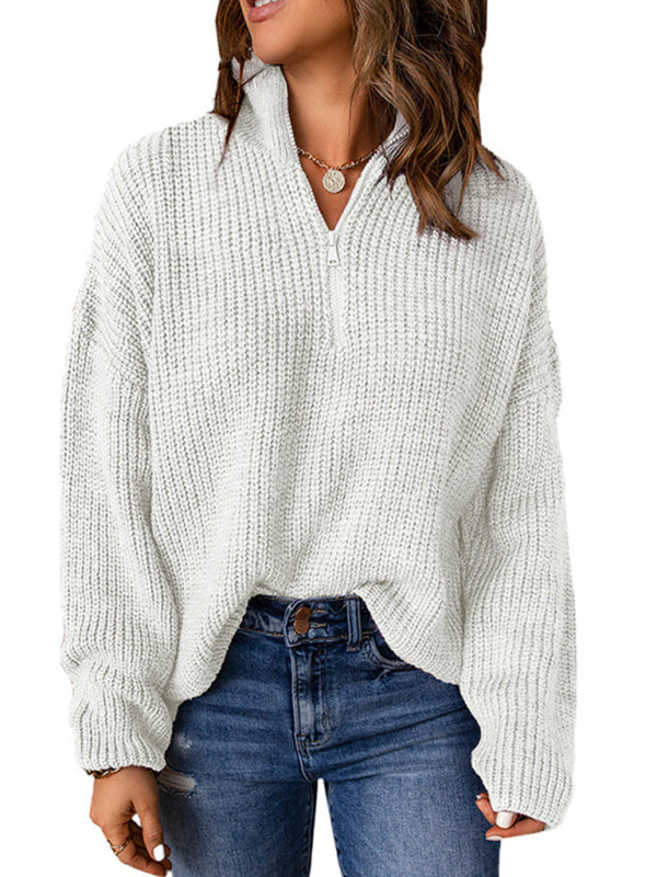 Pull ample à manches longues et col roulé pour femme, fermeture éclair
