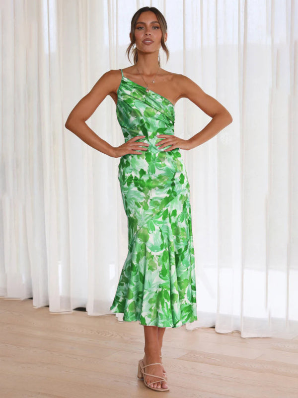 Neues modisches Temperament-Kleid mit schrägem Ausschnitt und Hosenträger-Fishtail-Print für Damen