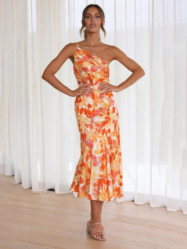 Neues modisches Temperament-Kleid mit schrägem Ausschnitt und Hosenträger-Fishtail-Print für Damen