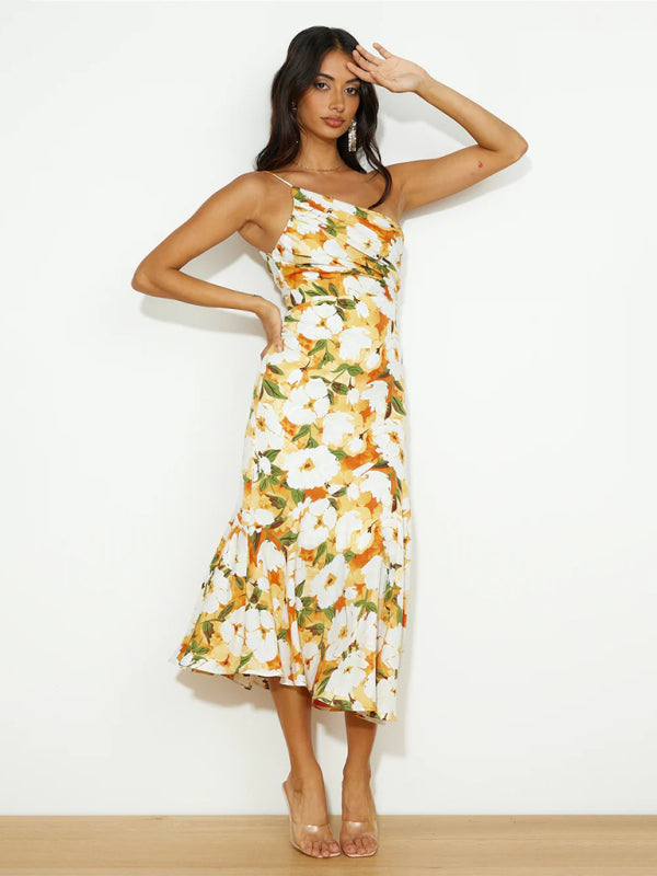 Neues modisches Temperament-Kleid mit schrägem Ausschnitt und Hosenträger-Fishtail-Print für Damen