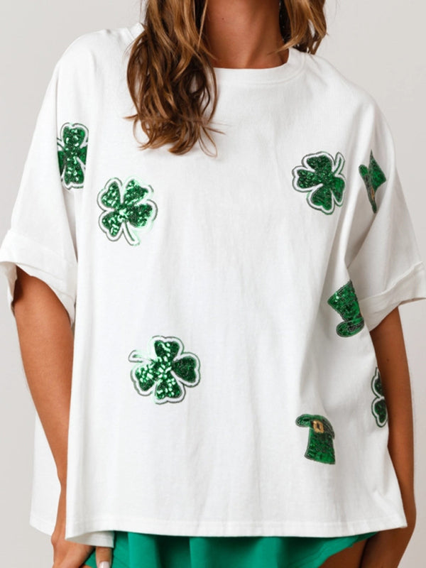 Lockeres T-Shirt mit Pailletten für Damen mit vierblättrigem Kleeblatt und St. Patrick&