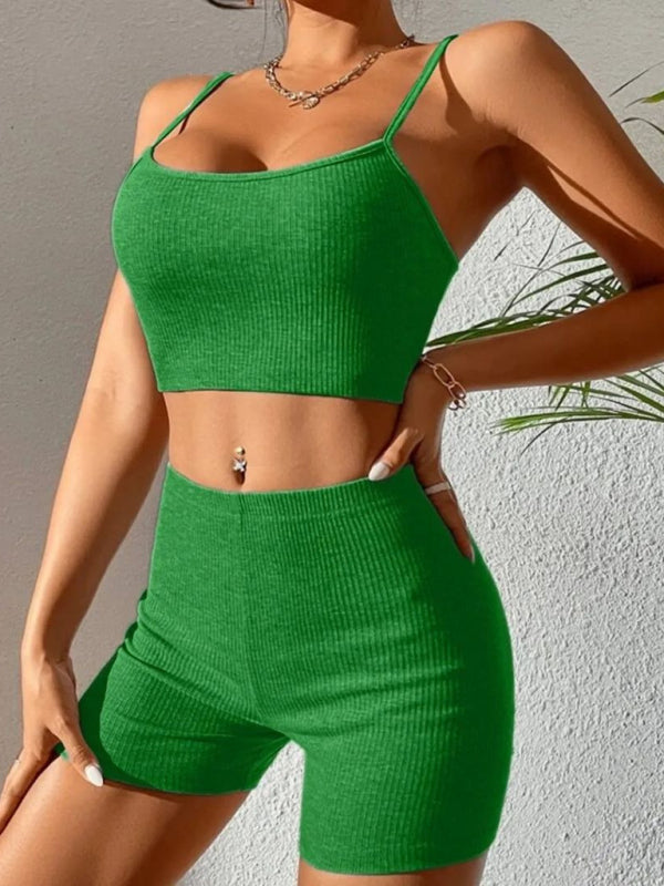 Green sexy suspender shorts yoga sports suit