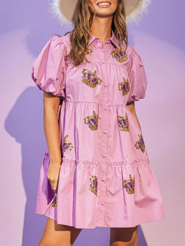 Robe chemise à manches bouffantes et sequins Crown pour femmes