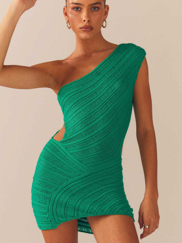 Hohl sexy engen kurzen rock mit ausgehöhlten taille und one-schulter patchwork kleid