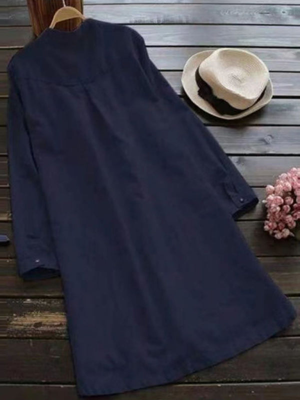 Nouvelle couleur unie col Henley bouton ouvert à manches longues Style chemise robe Midi