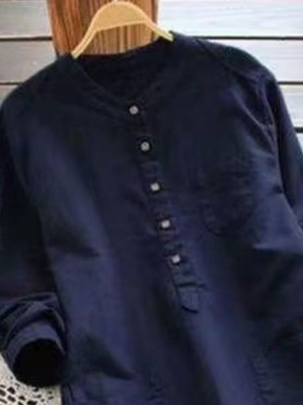 Nouvelle couleur unie col Henley bouton ouvert à manches longues Style chemise robe Midi