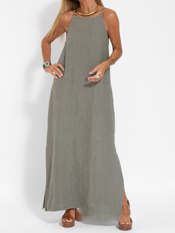 Neues modisches lässiges Hosenträgerkleid aus Baumwolle und Leinen mit Schlitz