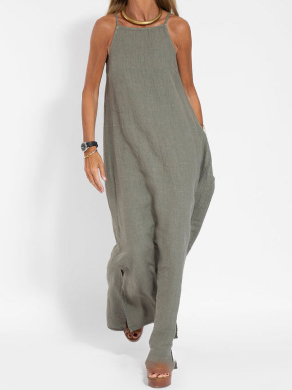Neues modisches lässiges Hosenträgerkleid aus Baumwolle und Leinen mit Schlitz