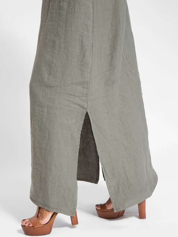 Neues modisches lässiges Hosenträgerkleid aus Baumwolle und Leinen mit Schlitz