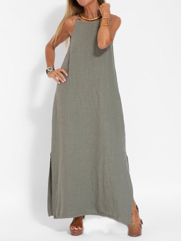 Neues modisches lässiges Hosenträgerkleid aus Baumwolle und Leinen mit Schlitz