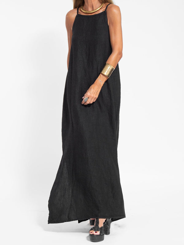 Neues modisches lässiges Hosenträgerkleid aus Baumwolle und Leinen mit Schlitz