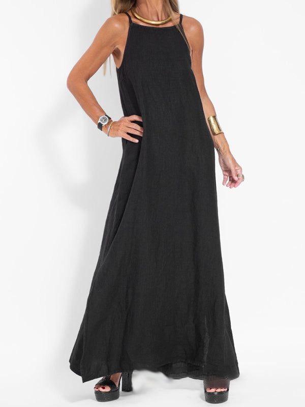 Neues modisches lässiges Hosenträgerkleid aus Baumwolle und Leinen mit Schlitz