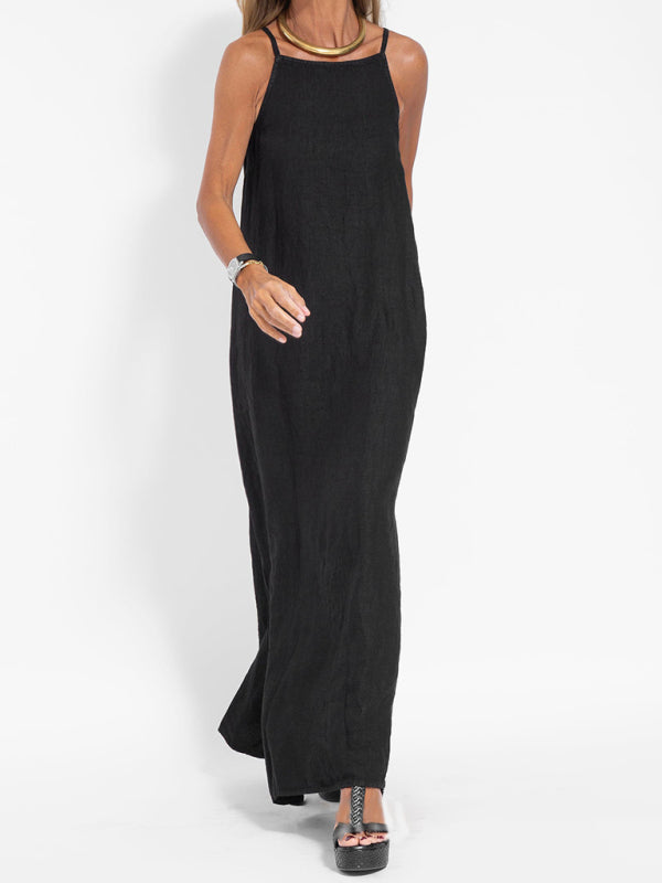Neues modisches lässiges Hosenträgerkleid aus Baumwolle und Leinen mit Schlitz