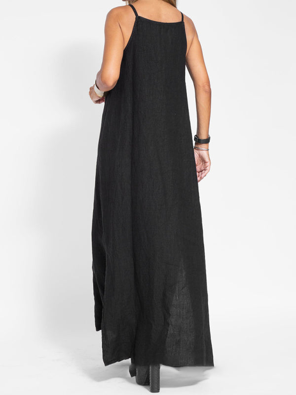 Neues modisches lässiges Hosenträgerkleid aus Baumwolle und Leinen mit Schlitz