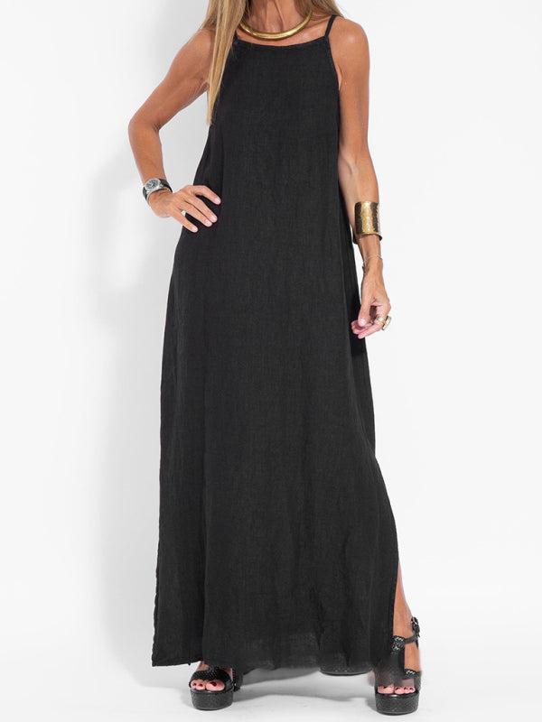 Neues modisches lässiges Hosenträgerkleid aus Baumwolle und Leinen mit Schlitz