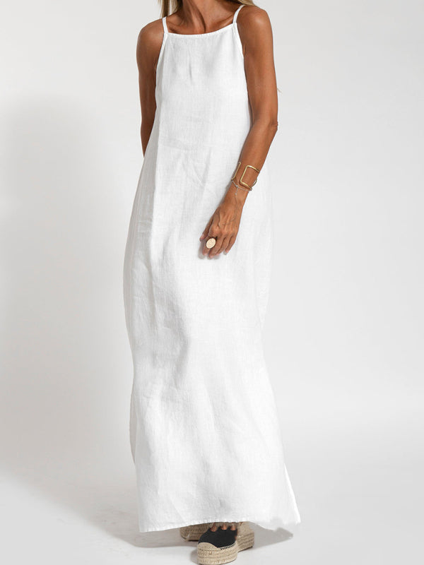 Neues modisches lässiges Hosenträgerkleid aus Baumwolle und Leinen mit Schlitz