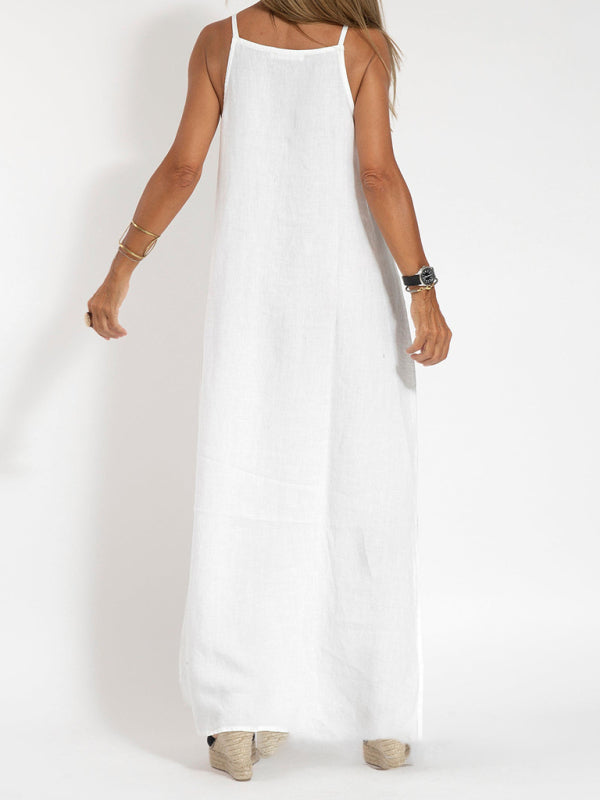 Neues modisches lässiges Hosenträgerkleid aus Baumwolle und Leinen mit Schlitz