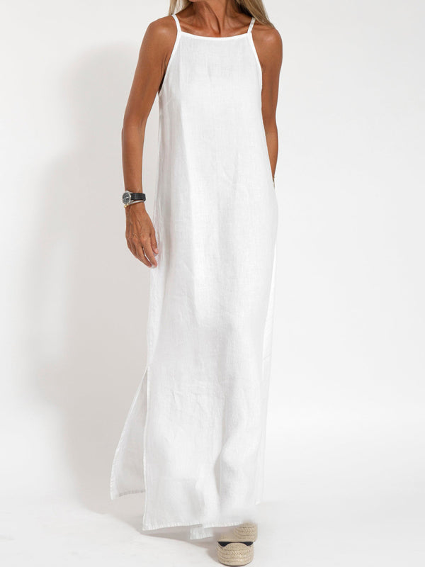 Neues modisches lässiges Hosenträgerkleid aus Baumwolle und Leinen mit Schlitz