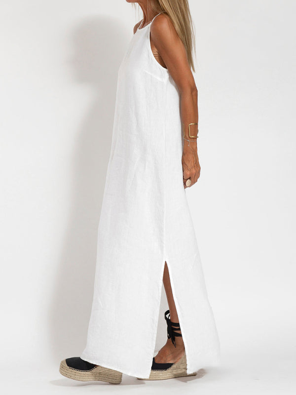 Neues modisches lässiges Hosenträgerkleid aus Baumwolle und Leinen mit Schlitz