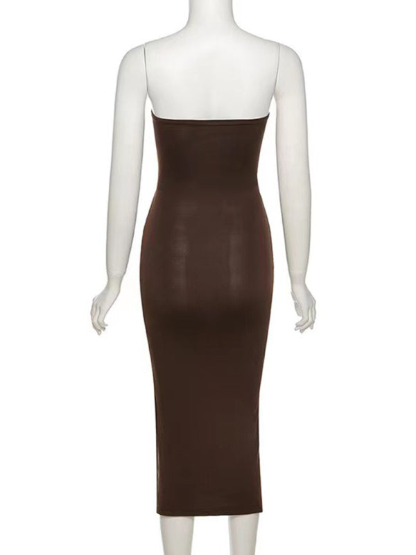Robe bustier tubulaire sexy, asymétrique épaule dénudée, ajourée, fente haute, nouvelle collection