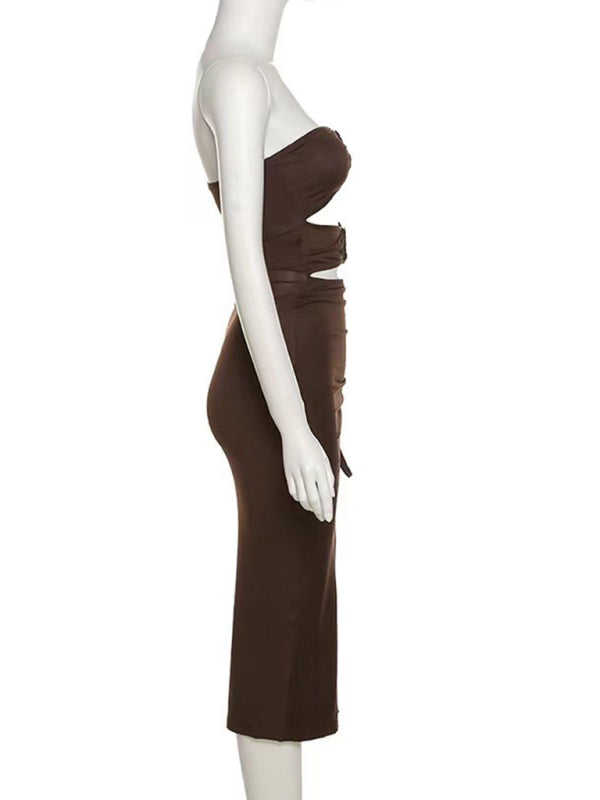 Robe bustier tubulaire sexy, asymétrique épaule dénudée, ajourée, fente haute, nouvelle collection