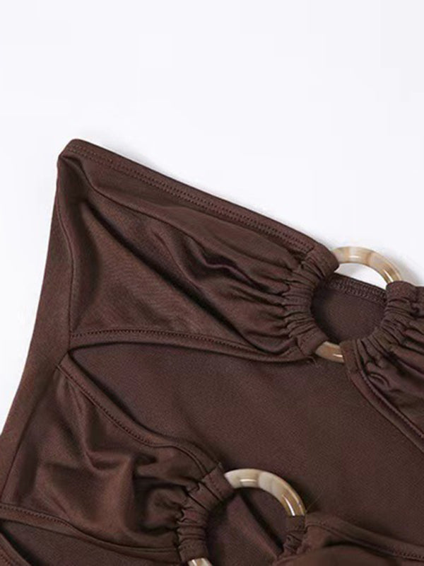 Robe bustier tubulaire sexy, asymétrique épaule dénudée, ajourée, fente haute, nouvelle collection