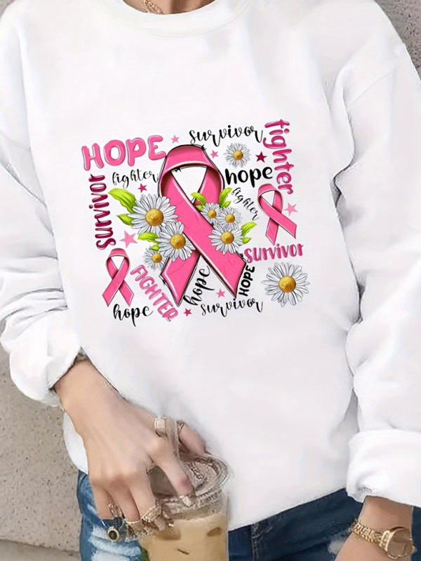 Sweat-shirt à manches longues, ample et décontracté, imprimé ruban rose, nouvelle collection