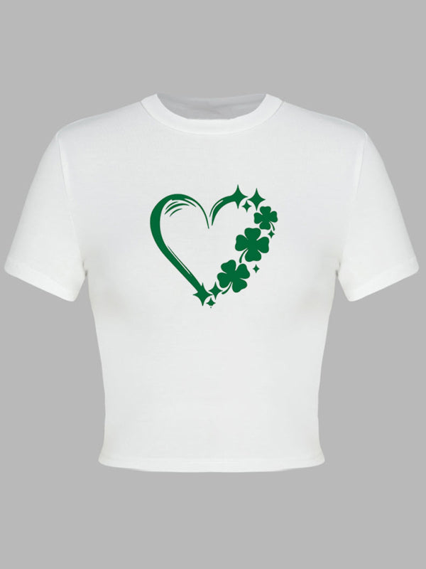 Kurzes T-Shirt mit Rundhalsausschnitt und grünem Blatt-Aufdruck für Damen zum St. Patrick&