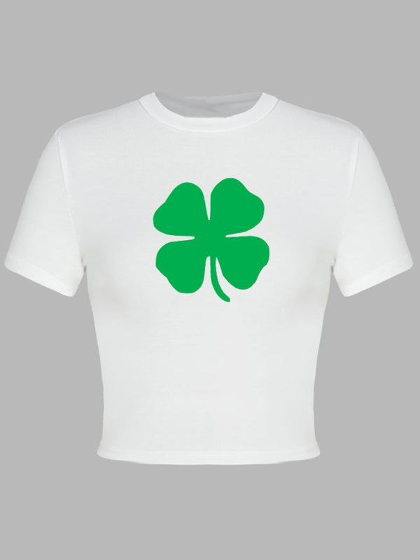 Kurzes T-Shirt mit Rundhalsausschnitt und grünem Blatt-Aufdruck für Damen zum St. Patrick&