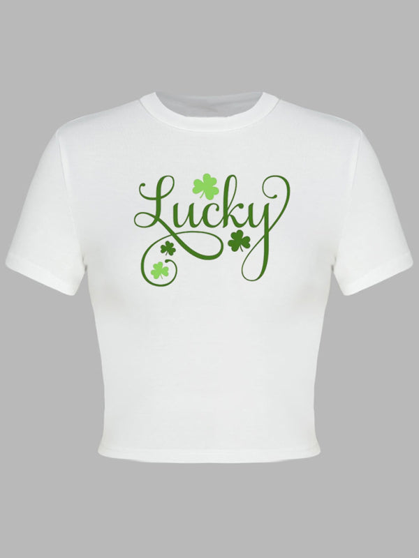 Kurzes T-Shirt mit Rundhalsausschnitt und grünem Blatt-Aufdruck für Damen zum St. Patrick&