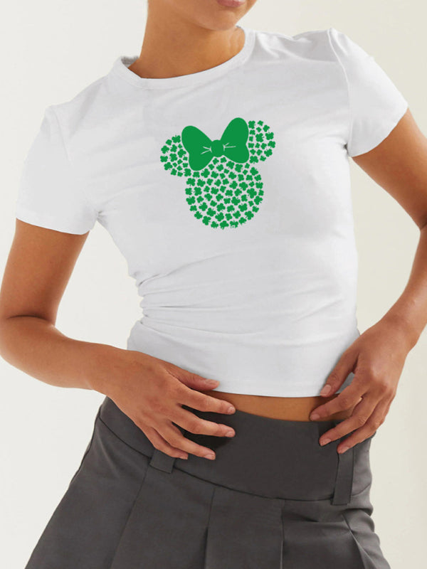 Kurzes T-Shirt mit Rundhalsausschnitt und grünem Blatt-Aufdruck für Damen zum St. Patrick&