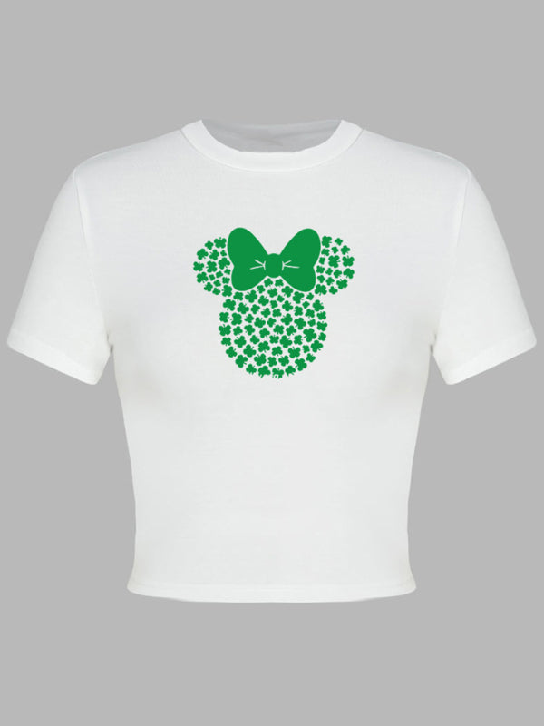 Kurzes T-Shirt mit Rundhalsausschnitt und grünem Blatt-Aufdruck für Damen zum St. Patrick&