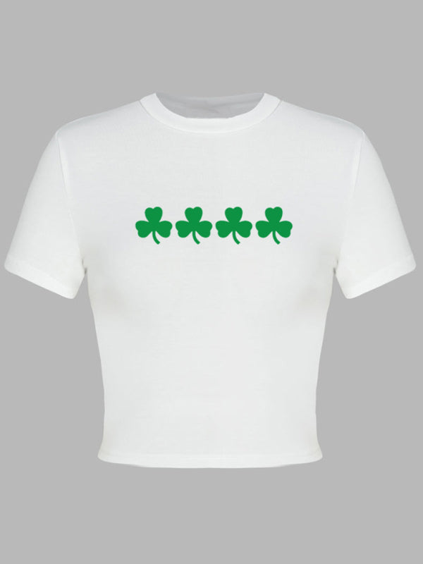 Kurzes T-Shirt mit Rundhalsausschnitt und grünem Blatt-Aufdruck für Damen zum St. Patrick&