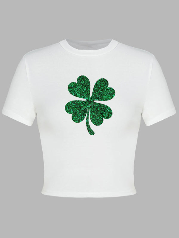Kurzes T-Shirt mit Rundhalsausschnitt und grünem Blatt-Aufdruck für Damen zum St. Patrick&