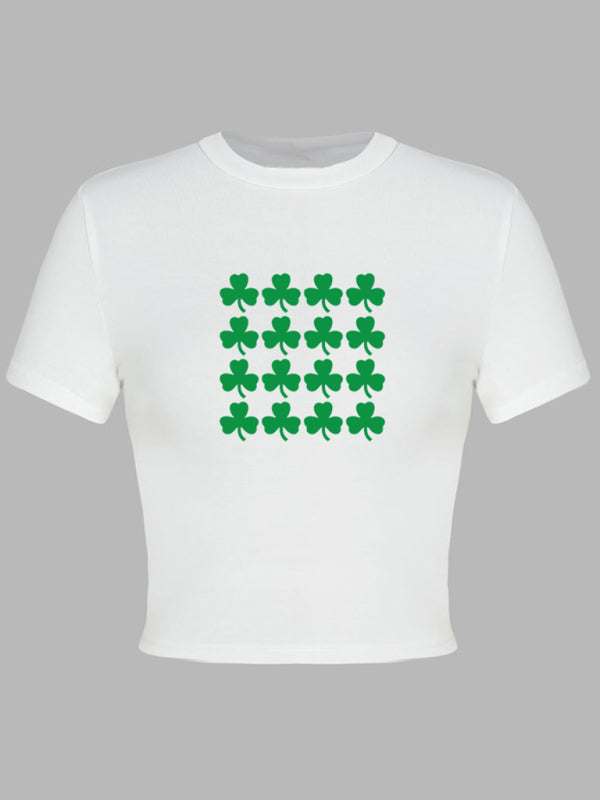 Kurzes T-Shirt mit Rundhalsausschnitt und grünem Blatt-Aufdruck für Damen zum St. Patrick&