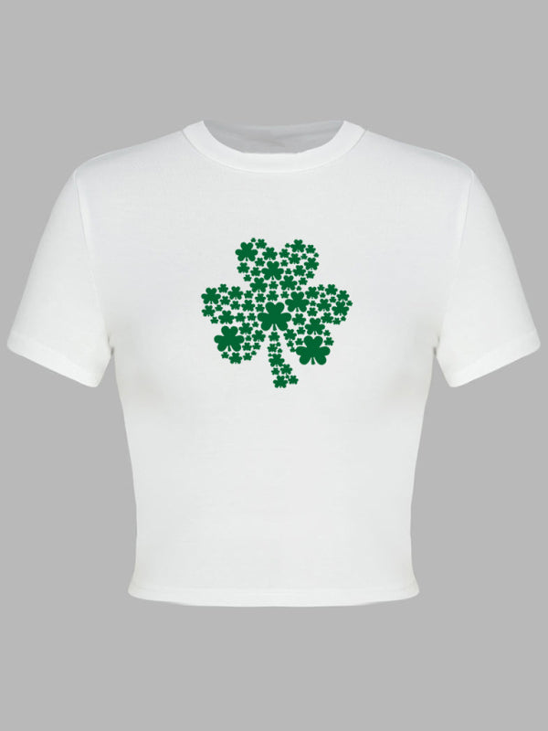 Kurzes T-Shirt mit Rundhalsausschnitt und grünem Blatt-Aufdruck für Damen zum St. Patrick&