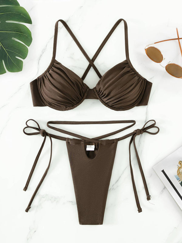 Bikini sexy à armatures fendu à bretelles pour femme