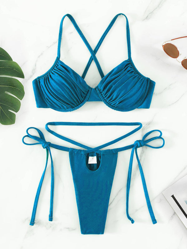 Bikini sexy à armatures fendu à bretelles pour femme