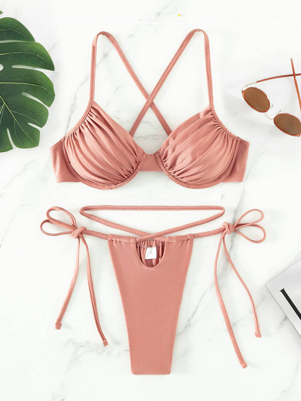 Bikini sexy à armatures fendu à bretelles pour femme