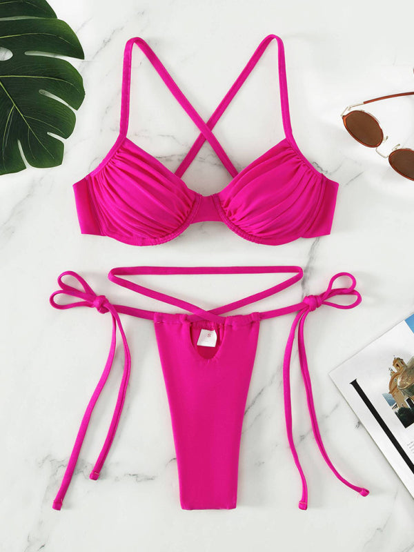 Bikini sexy à armatures fendu à bretelles pour femme