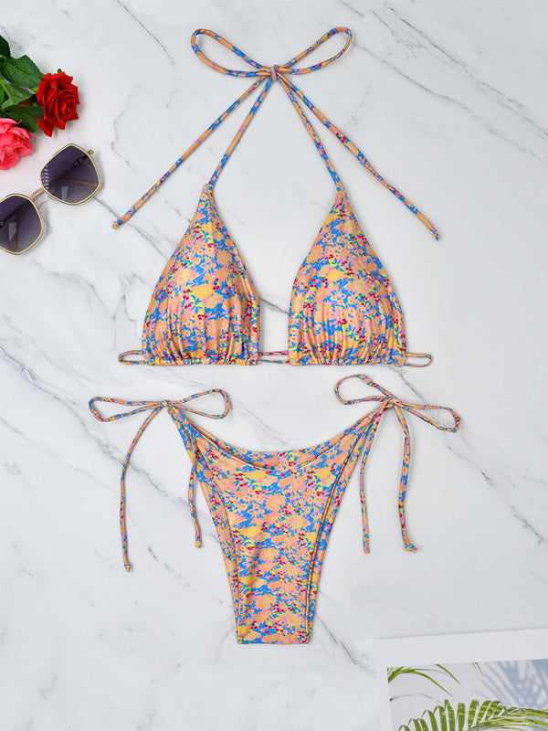 Petit bikini à lacets fleuri, maillot de bain fendu sexy pour la plage