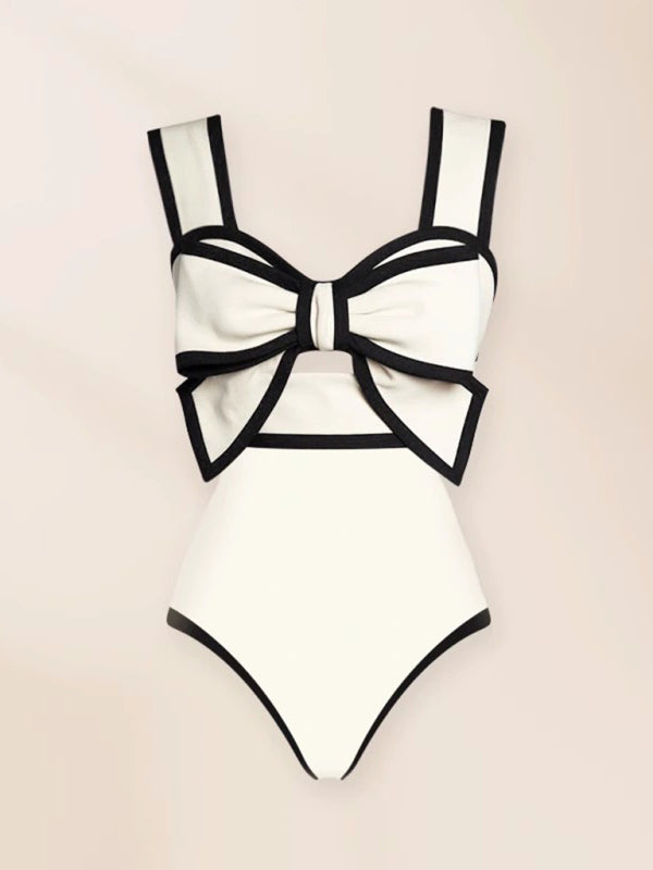 Front view of white bow one-piece swimsuit