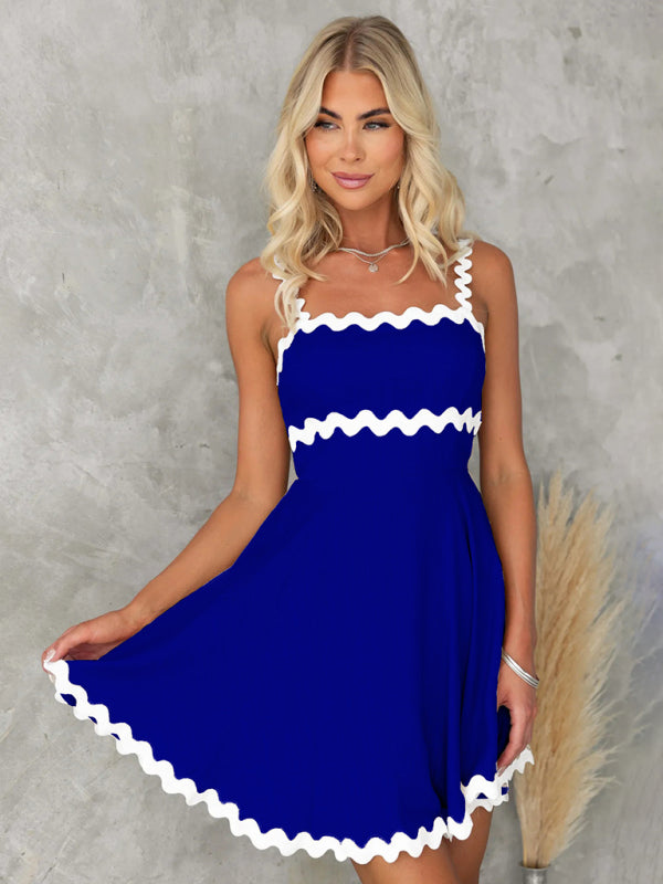 Blue sexy suspender short dress with white trim