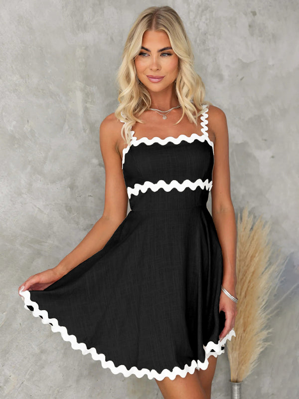 Black sexy suspender short dress with white trim