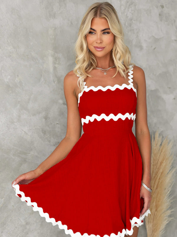 Red sexy suspender short dress with white trim