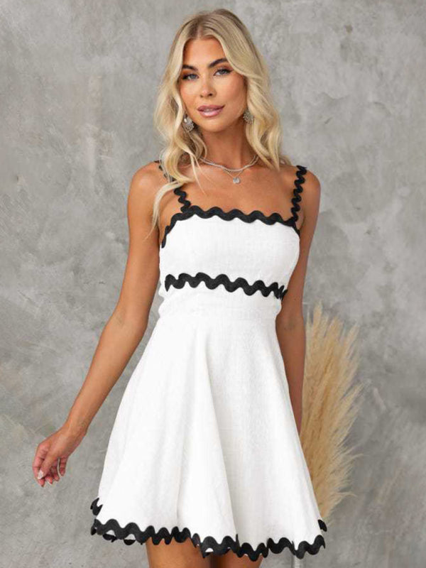 White sexy suspender short dress with black trim