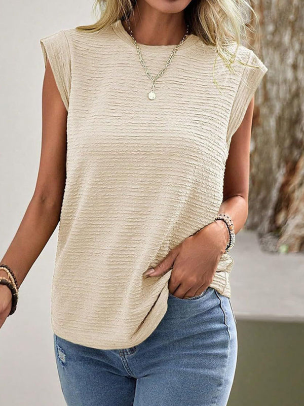 Einfarbiges, plissiertes T-Shirt für Damen mit Rundhalsausschnitt und kurzen Ärmeln